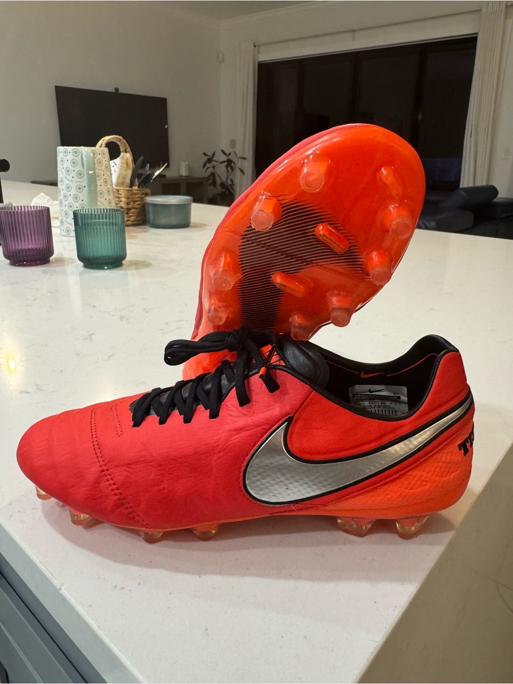 Nike TIEMPO ACC Red-Orange Soccer Cleats with Silver Swoosh - 819177-609
